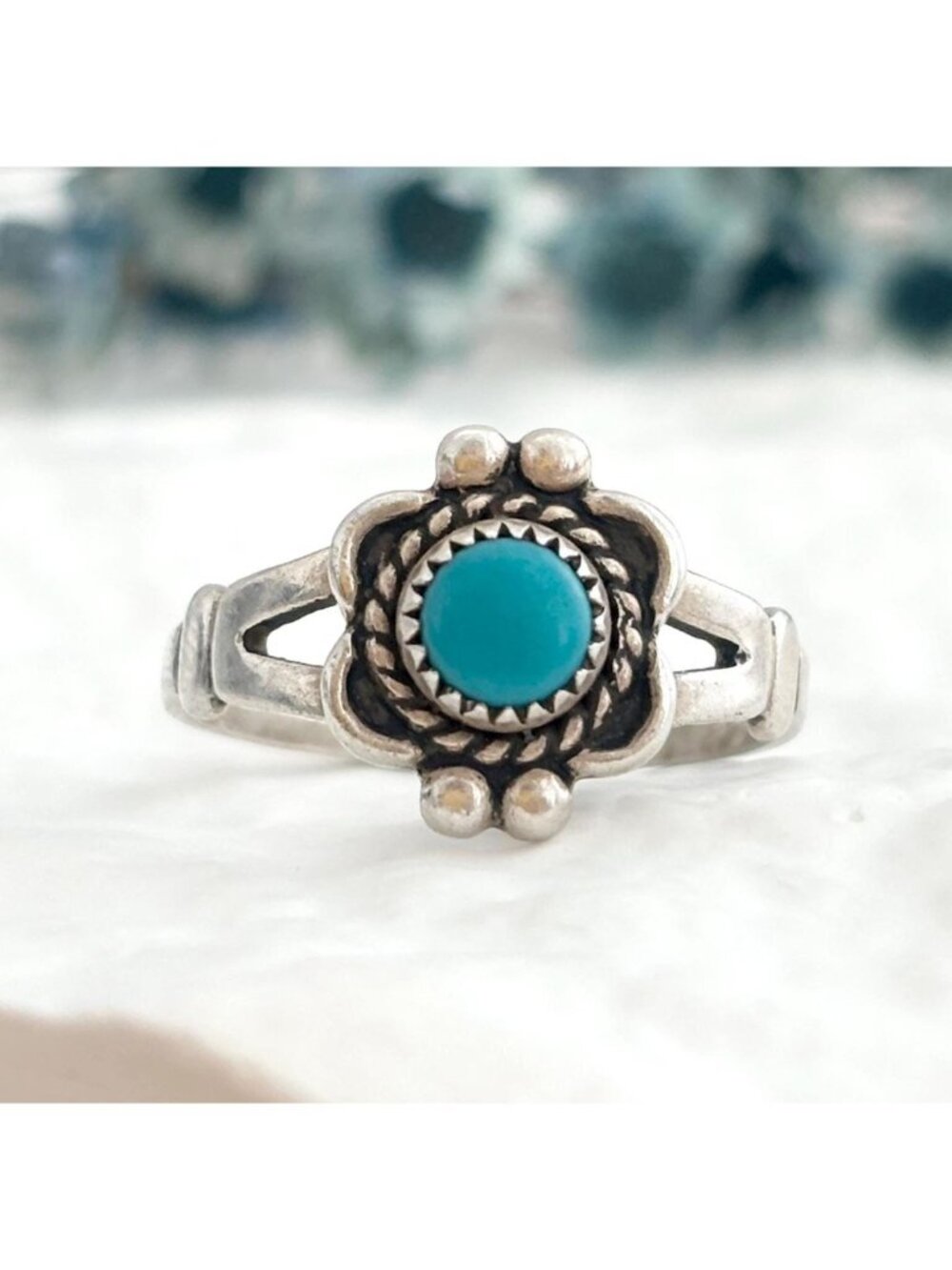 Bell Trading Post Rope Framed Turquoise Sterling Silver 925 Vintage Ring - sz 6